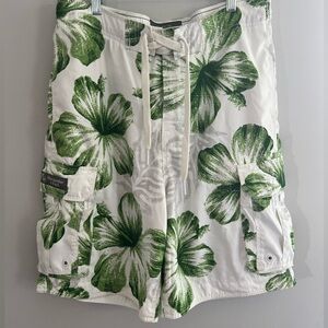 Abercrombie & Fitch  Floral Hawaiian Green White Swim Board‎ Shorts Cargo Large